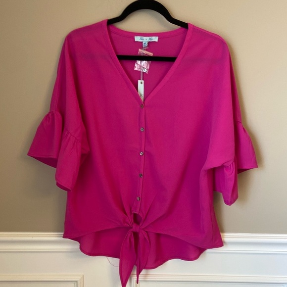 She + Sky Tops - NWT She + Sky Fuchsia Button Front Blouse - Small, Medium, Large‎